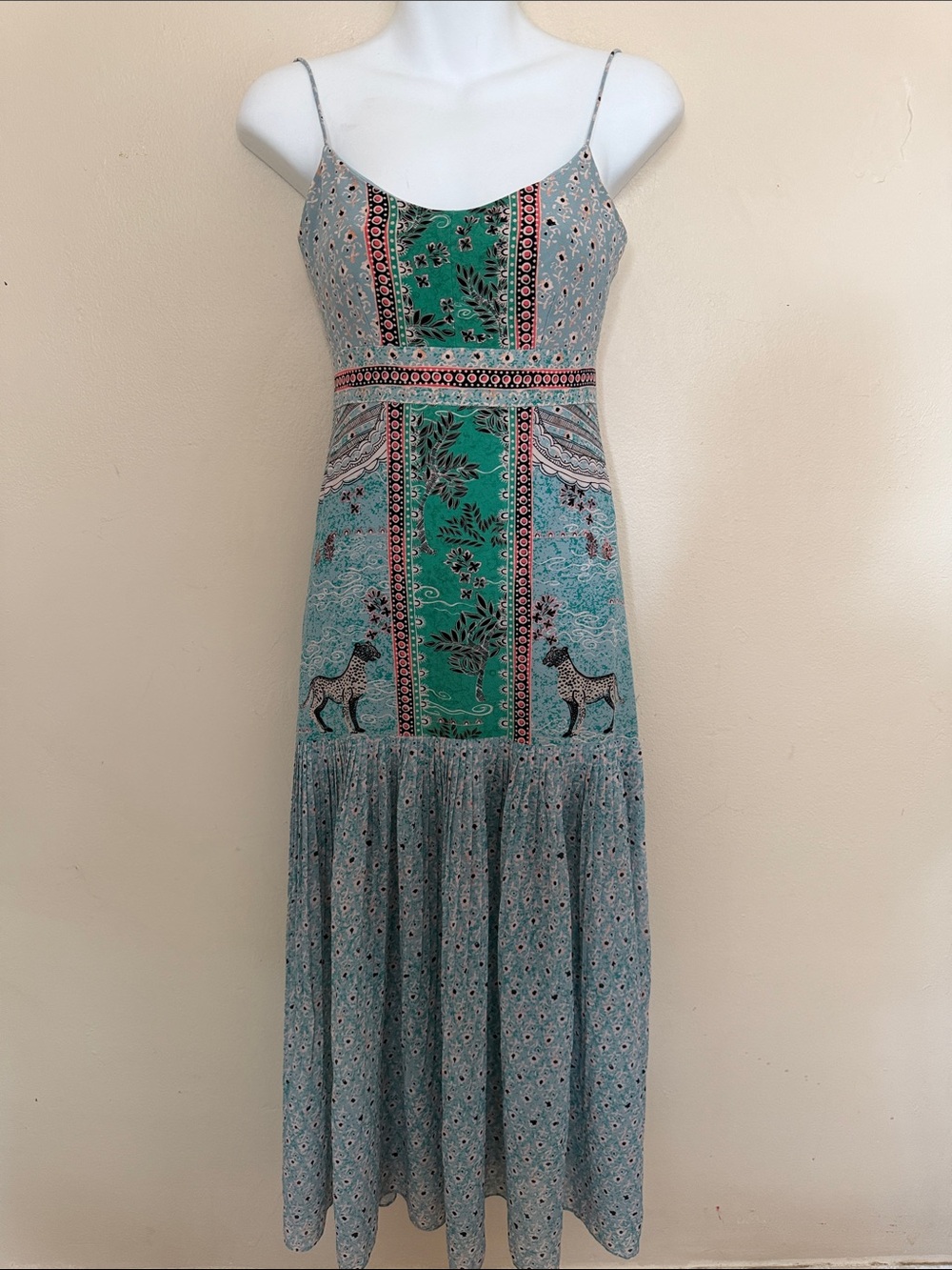 SALONI Spaghetti-Strap Maxi Dress in Teal and Green Panel